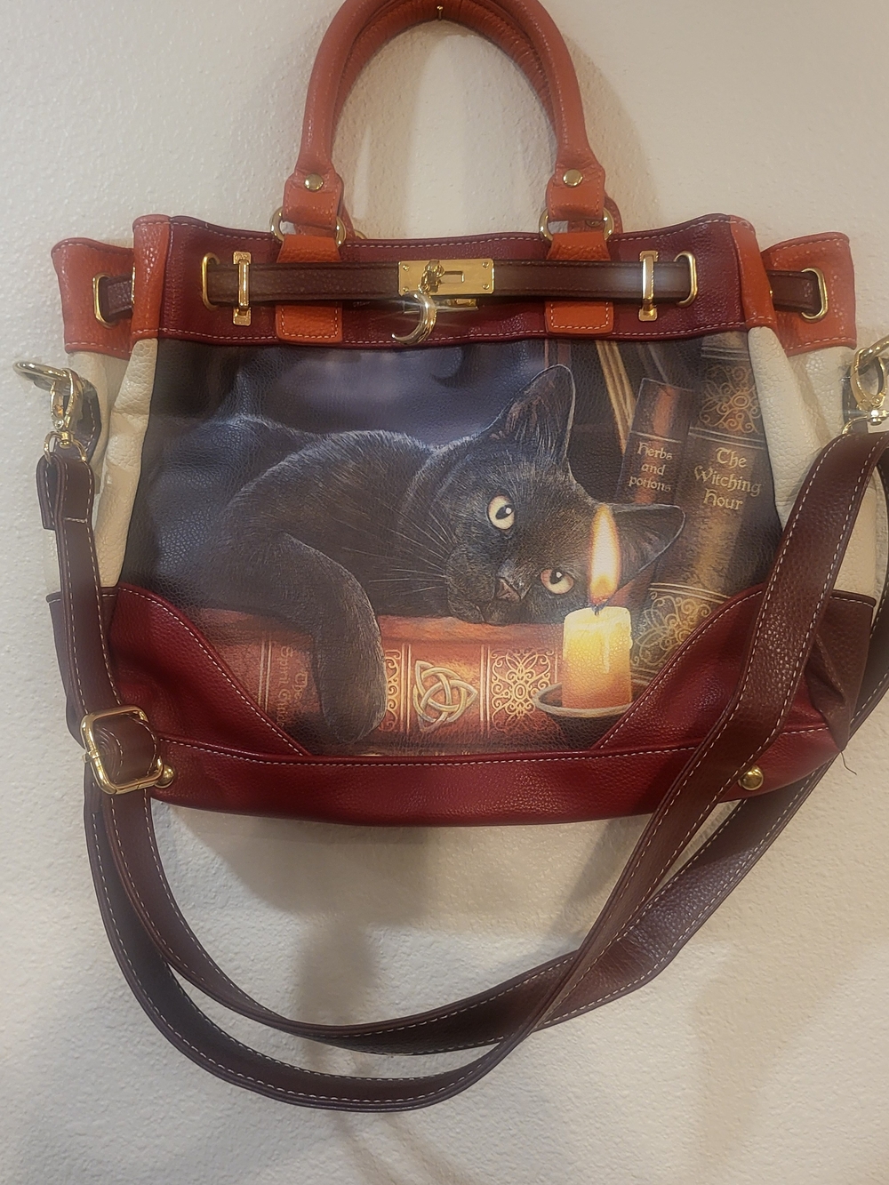 Bradford Exchange Black Cat Candle Tote Bag with Red and Brown Trim
